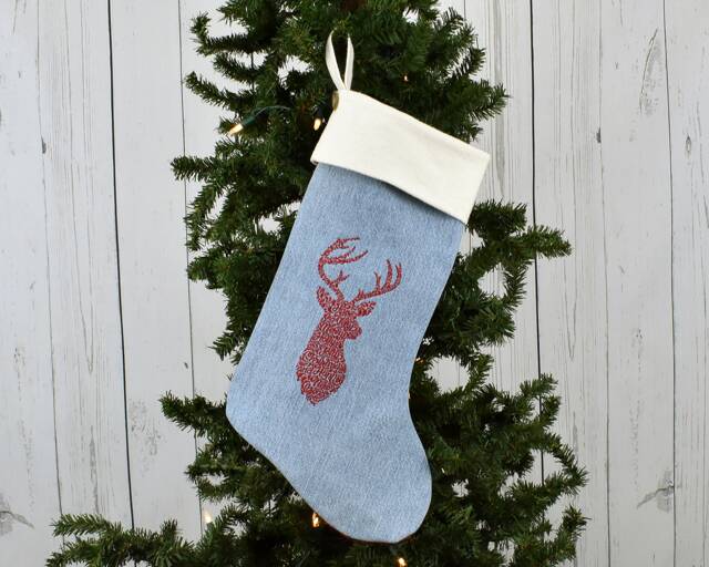 Rustic Denim Christmas Stocking Embroidered Stag, Country Holiday Decor - image 1