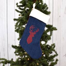 Rustic Denim Christmas Stocking Embroidered Stag, Country Holiday Decor - thumbnail 2