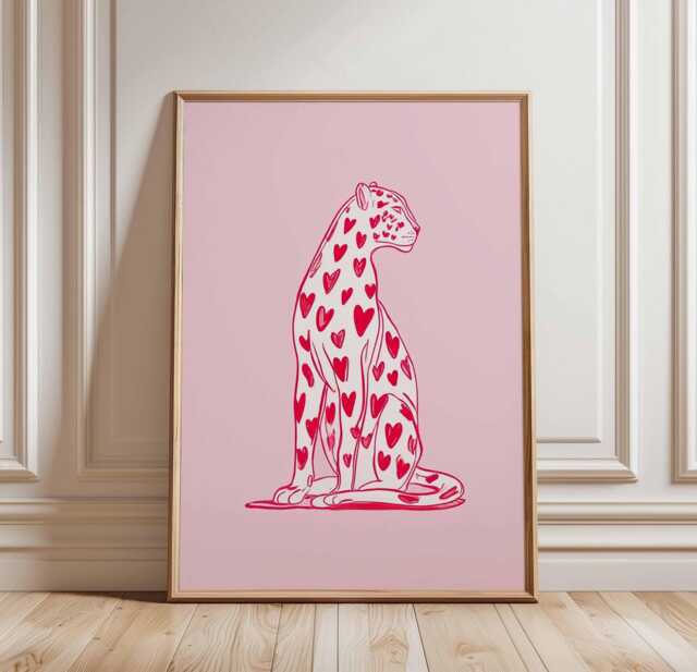 Pink Leopard Wall Art Poster, Cute Animal Print With Hearts, Modern Minimalist Decor, Unframed Pop Style Artwork For Kids Or Home - image 1