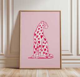 Pink Leopard Wall Art Poster, Cute Animal Print With Hearts, Modern Minimalist Decor, Unframed Pop Style Artwork For Kids Or Home - thumbnail 1