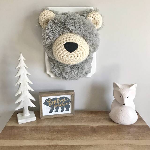Gray Bear Faux Taxidermy Wall Mount Crochet Accents, Woodland Nursery Decor - image 1
