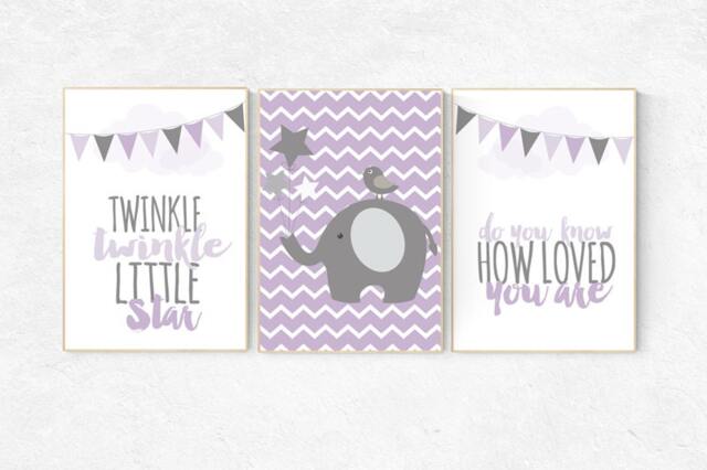 Purple Elephant Nursery Decor Twinkle Star, Baby Girl Wall Art - image 1