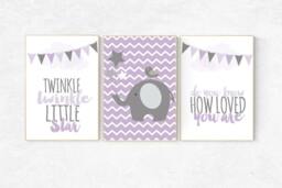 Purple Elephant Nursery Decor Twinkle Star, Baby Girl Wall Art - thumbnail 1