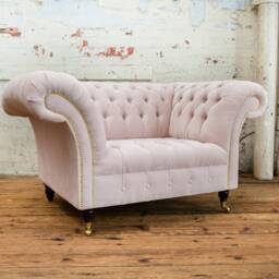 Blush Pink Textured Velvet Fabric Chesterfield Snuggle Armchair, British Handmade - thumbnail 3