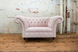 Blush Pink Textured Velvet Fabric Chesterfield Snuggle Armchair, British Handmade