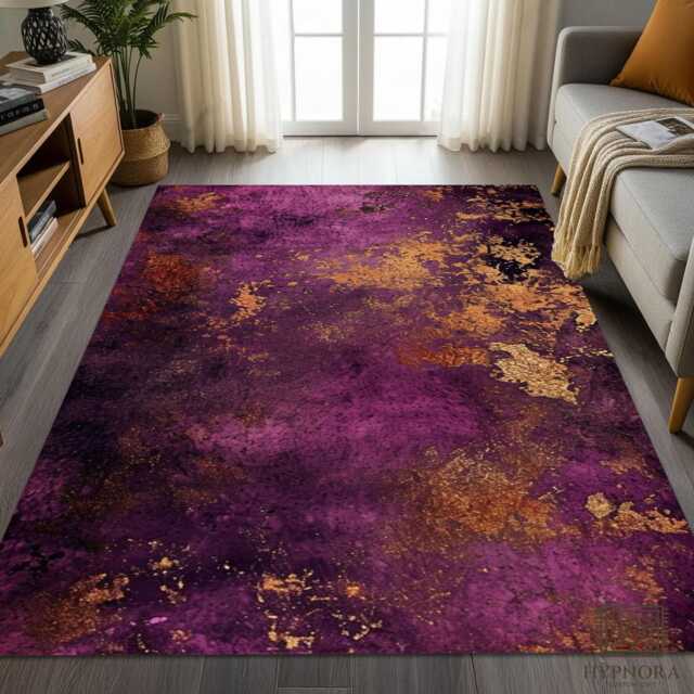 Purple Gold Abstract Rug, Distressed Boho Chic Mat, Washable Living Room Bedroom Home Decor - image 1