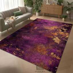 Purple Gold Abstract Rug, Distressed Boho Chic Mat, Washable Living Room Bedroom Home Decor - thumbnail 2