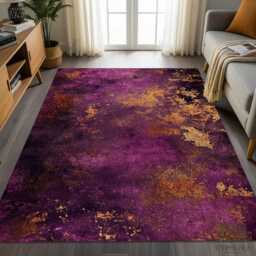Purple Gold Abstract Rug, Distressed Boho Chic Mat, Washable Living Room Bedroom Home Decor - thumbnail 1