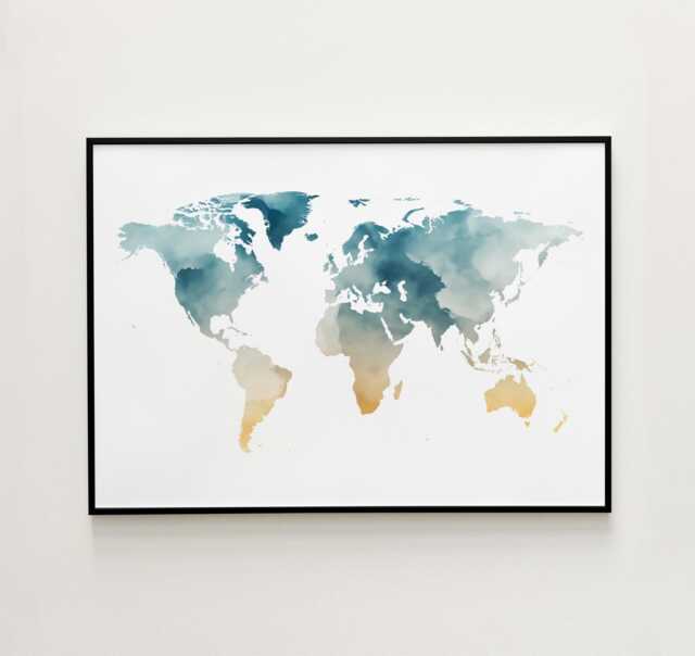 Green & Yellow Watercolor World Map Print - Nature Wall Art Housewarming Gift - image 1