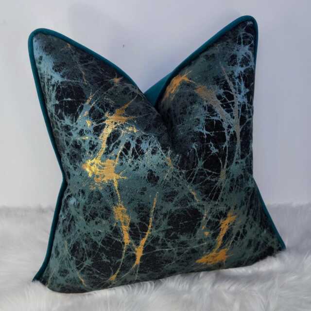 Luxury Piped Lava Teal Cushion Cover Gold Metallic Marble Design For New Home Designer Handmade Pillow/(Only Cover - image 1