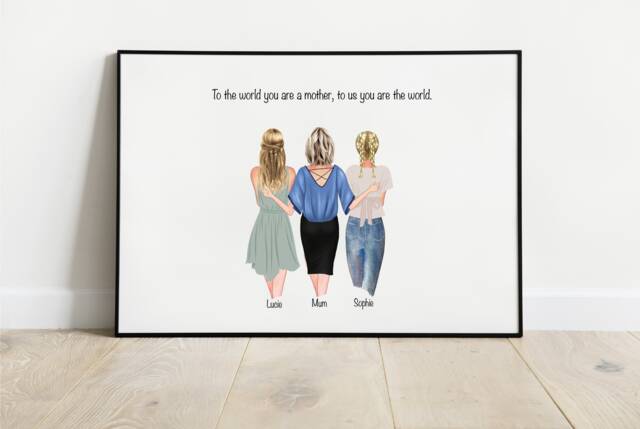 Personalised Mum & Daughters Print World - Family Portrait Christmas Print Mother's Day Gift - image 1