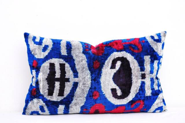 Handmade Silk Velvet Ikat Pillow Cover, Navy Decorative Cushion - image 1