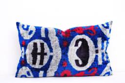 Handmade Silk Velvet Ikat Pillow Cover, Navy Decorative Cushion - thumbnail 1