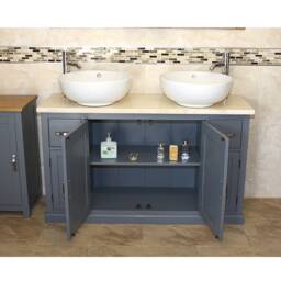 Double Bathroom Vanity Unit - Grey Painted Cream Marble Top & Ceramic Basin Set 402Gcmcbcx2