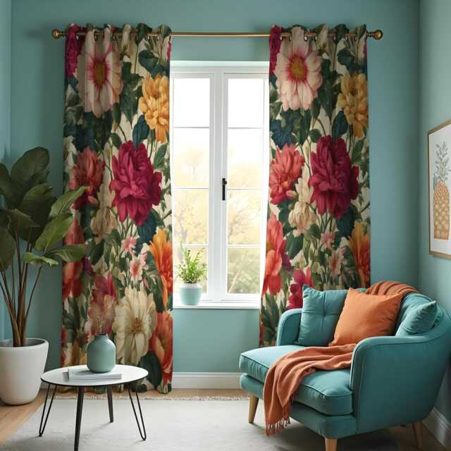 Dark Floral Curtains With Large Blooms, Botanical Print Drapes, Custom Window Panels For Classic Living Room & Bedroom - image 1