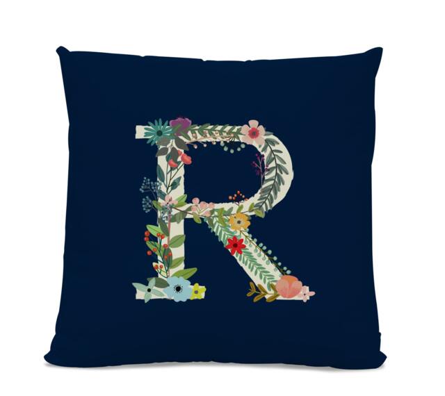 Initial Pillow - Floral Letter With R Monogrammed Custom Throw Flower Monogram
