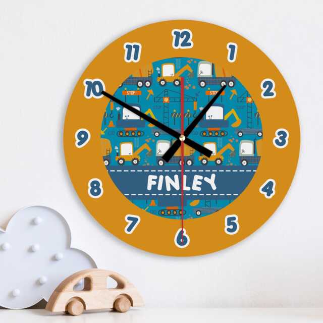 Digger Fun Wall Clock Personalised Glass Wooden 20cm 30cm - Trucks Vehicles Kids Baby Boys Childrens Bedroom Nursery Playroom Decor Gift - image 1