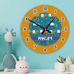 Digger Fun Wall Clock Personalised Glass Wooden 20cm 30cm - Trucks Vehicles Kids Baby Boys Childrens Bedroom Nursery Playroom Decor Gift - thumbnail 2