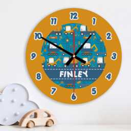 Digger Fun Wall Clock Personalised Glass Wooden 20cm 30cm - Trucks Vehicles Kids Baby Boys Childrens Bedroom Nursery Playroom Decor Gift - thumbnail 1