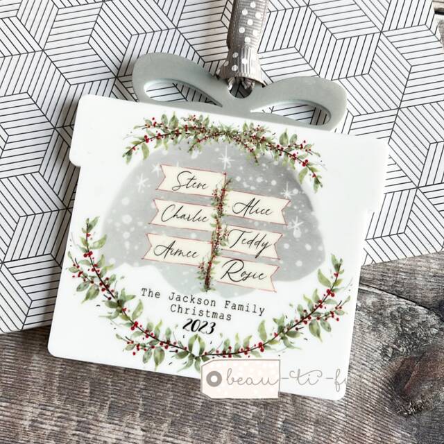 Personalised Christmas Family Gift Signpost Greenery Berries Present Shaped Acrylic Ornament Keepsake Tree Decoration Bauble - image 1