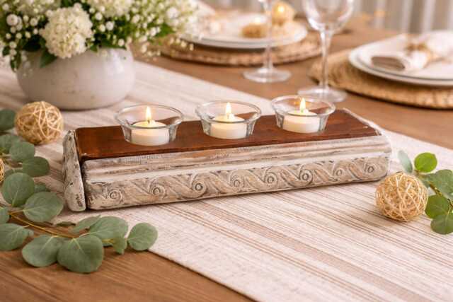 Rustic Wood Tea Light Candle Holder Farmhouse Tray With Glass Votives - Vintage Carved Design - image 1