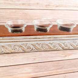Rustic Wood Tea Light Candle Holder Farmhouse Tray With Glass Votives - Vintage Carved Design - thumbnail 2