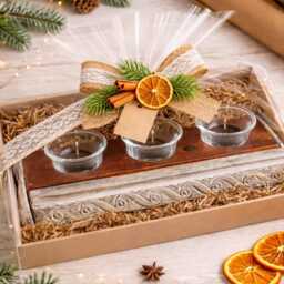 Rustic Wood Tea Light Candle Holder Farmhouse Tray With Glass Votives - Vintage Carved Design - thumbnail 3