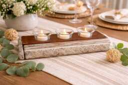 Rustic Wood Tea Light Candle Holder Farmhouse Tray With Glass Votives - Vintage Carved Design - thumbnail 1