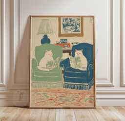 Vintage Style Cat Art Print - Two Cats Reading Newspapers Cozy Home Decor - thumbnail 1