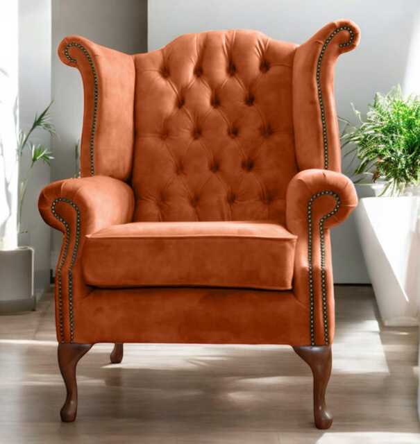 Handmade Velvet Queen Anne Wingback Armchair - British Crafted Fireside Statement Furniture - image 1