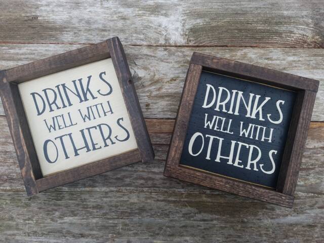 Drinks Well With Others Print - Rustic Wood Framed Sign Man Cave Garage Girlfriend Gift - image 1