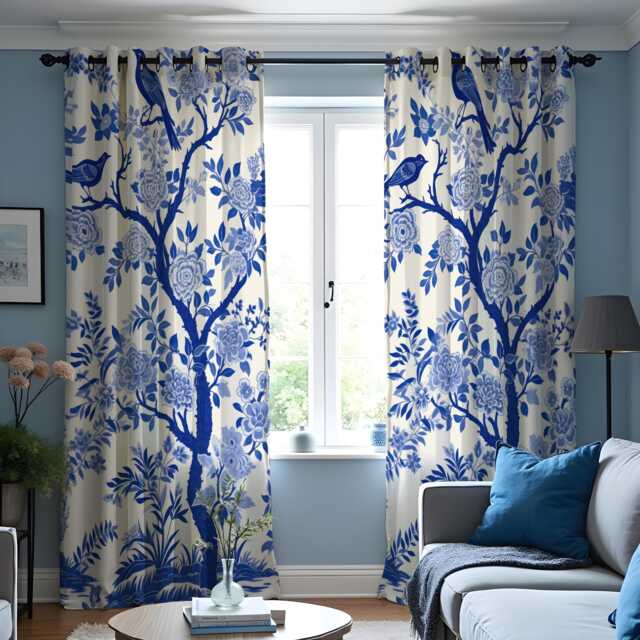 Blue Bird Floral Curtains, Chinoiserie Botanical Custom Made Drapes - image 1
