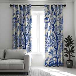 Blue Bird Floral Curtains, Chinoiserie Botanical Custom Made Drapes - thumbnail 3