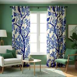 Blue Bird Floral Curtains, Chinoiserie Botanical Custom Made Drapes - thumbnail 4