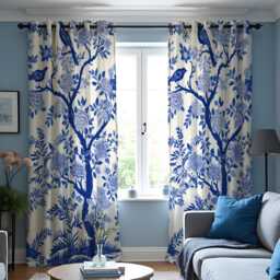 Blue Bird Floral Curtains, Chinoiserie Botanical Custom Made Drapes - thumbnail 1