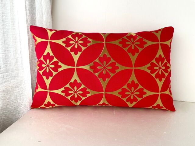 19 X 12 Inches Red & Golden Brocade Pillow Cover, Remake Kiku Flower , Up-Cycled Fabric Case, Vintage Obi Sofa Or Bed Throw Pillow - image 1