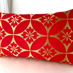 19 X 12 Inches Red & Golden Brocade Pillow Cover, Remake Kiku Flower , Up-Cycled Fabric Case, Vintage Obi Sofa Or Bed Throw Pillow - thumbnail 3