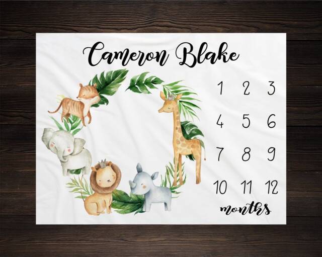 Safari Milestone Blanket Monthly Growth Tracker Soft Fleece Baby Shower Gift Newborn Watch Me Grow Elephant - image 1