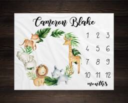 Safari Milestone Blanket Monthly Growth Tracker Soft Fleece Baby Shower Gift Newborn Watch Me Grow Elephant - thumbnail 1