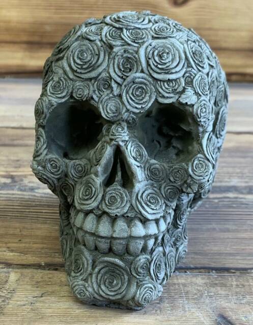 Stone Garden Full Rose Skull Gothic Human Head Ornament Statue - image 1