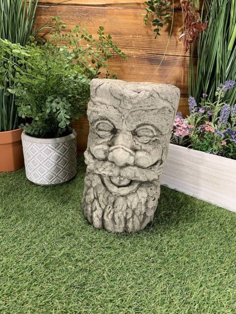 Stone Garden Green Man Tree Stump Plinth Concrete Ornament - image 1