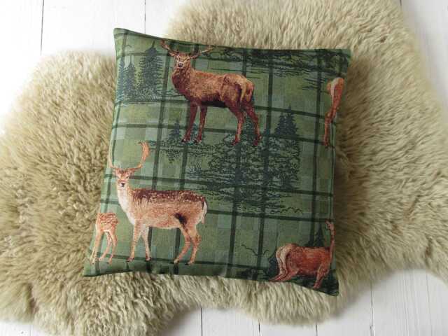 Cushion With Deer & Forest Tapestry Pillow Case Green Canvas Back Zipper - image 1