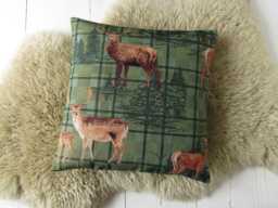 Cushion With Deer & Forest Tapestry Pillow Case Green Canvas Back Zipper - thumbnail 1