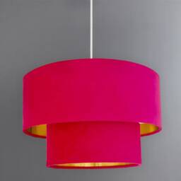 New Hq Luxury Two Tier Lamp Shade Pendant Light Ceiling Hot Pink Velvet With Metallic Lining - thumbnail 3