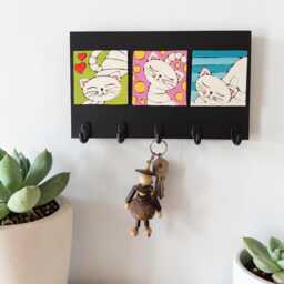 Handcrafted Cat Key Holder Ceramic Tile Wooden Wall Rack