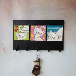Handcrafted Cat Key Holder Ceramic Tile Wooden Wall Rack - thumbnail 3