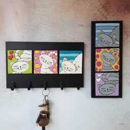 Handcrafted Cat Key Holder Ceramic Tile Wooden Wall Rack - thumbnail 4