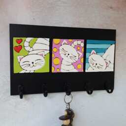 Handcrafted Cat Key Holder Ceramic Tile Wooden Wall Rack - thumbnail 2