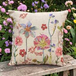 New Iris & Cottage Garden Flowers Embroidered Cushion, Purples, Reds Greens - thumbnail 1