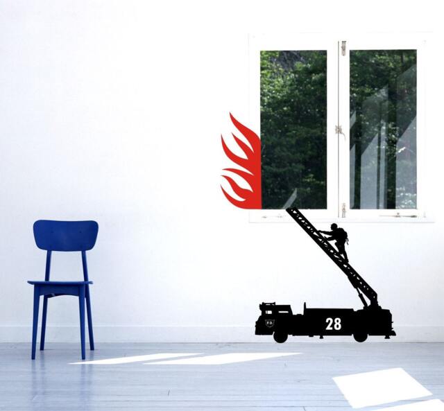 Fire Truck & Firefighter Extinguish The Fire Emergency Fireman Services Vinyl Wall Decal + Flames - image 1